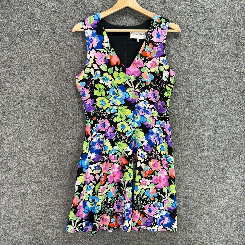 Charles Henry Dress Women S Small Black Floral Sheath Short Zipper V-Neck Lined